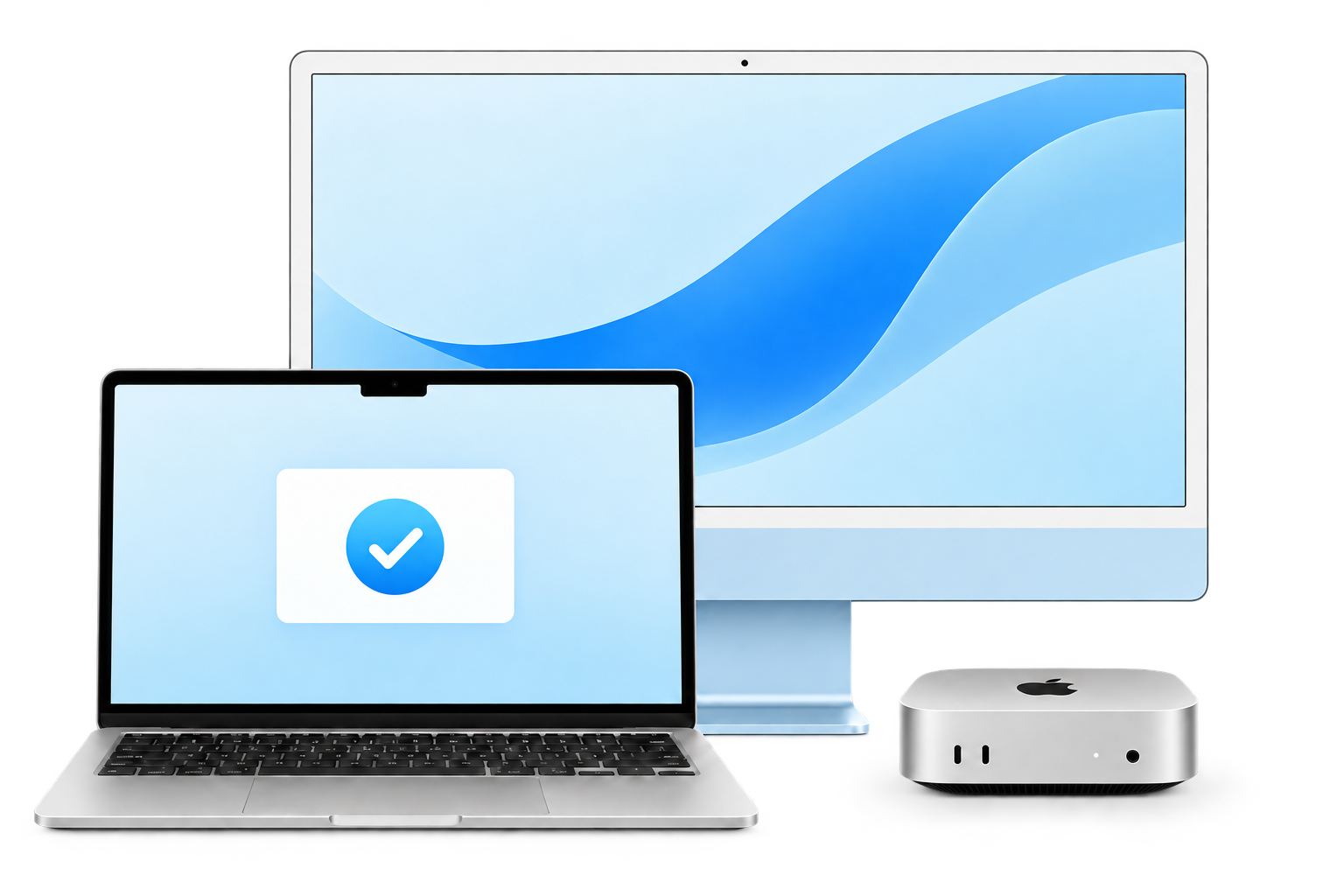 Illustration of an iMac, a MacBook Air ready to use, and a compact Mac mini